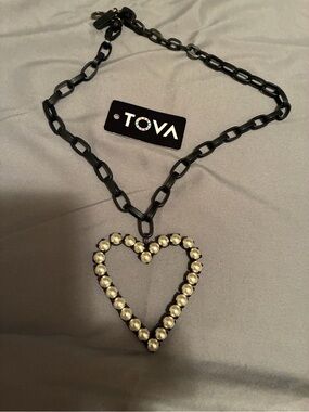 TOVA Black Chain Necklace with Heart Pendant and Pearl Accents